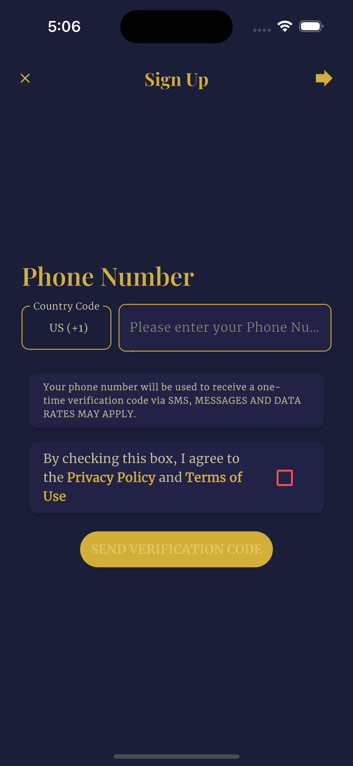Golizia app screen for phone number input for 2FA