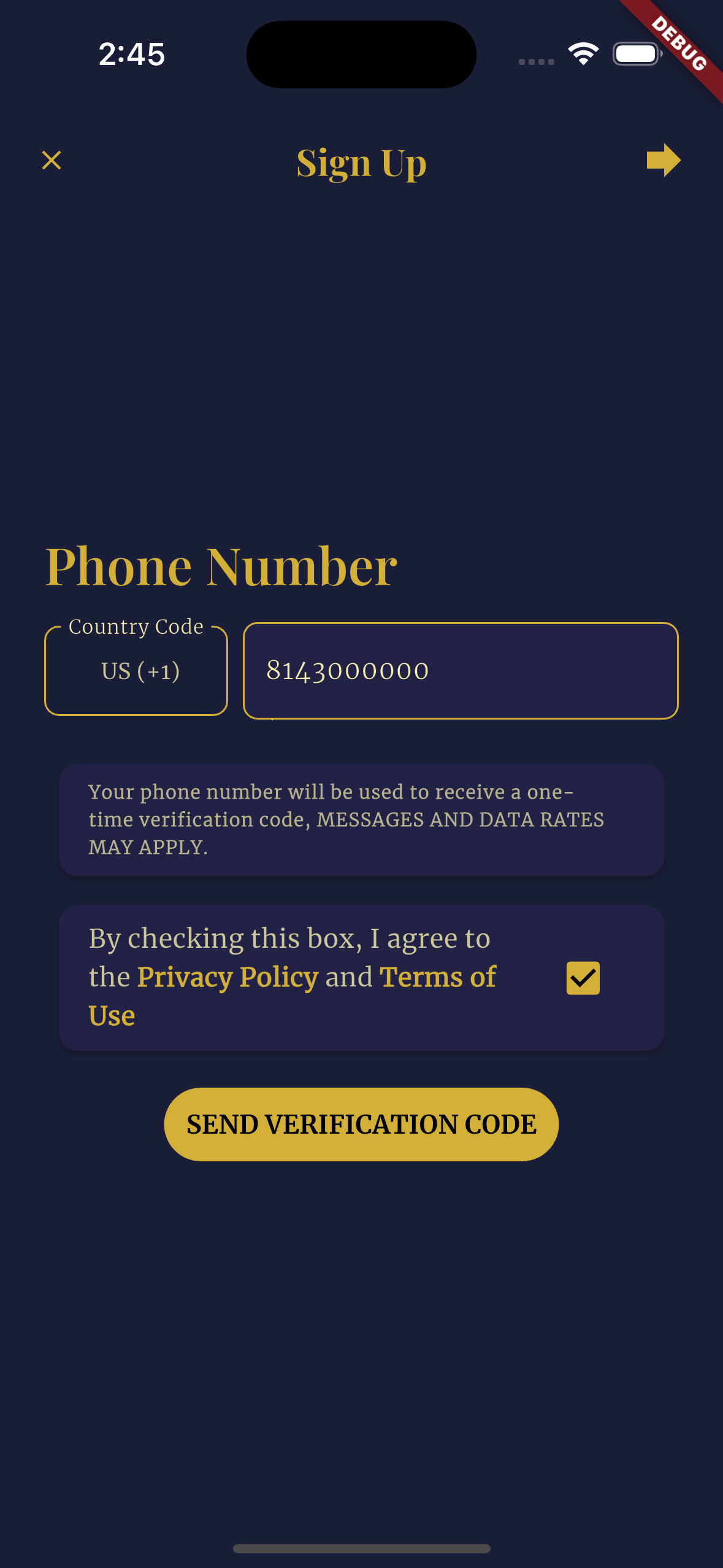 Golizia app screen showing the 'Send Code' button for 2FA SMS