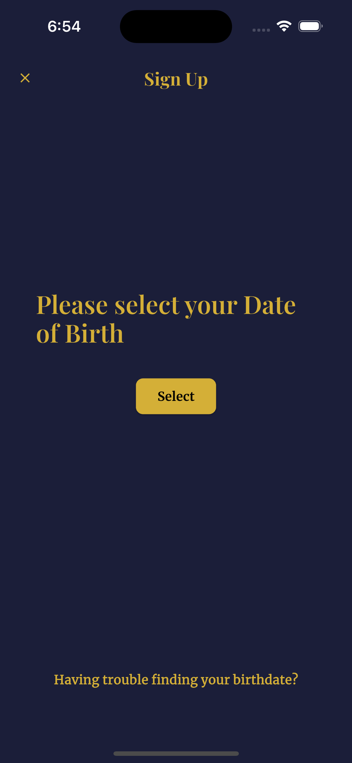 Golizia app age gate - initial prompt or button to select date of birth