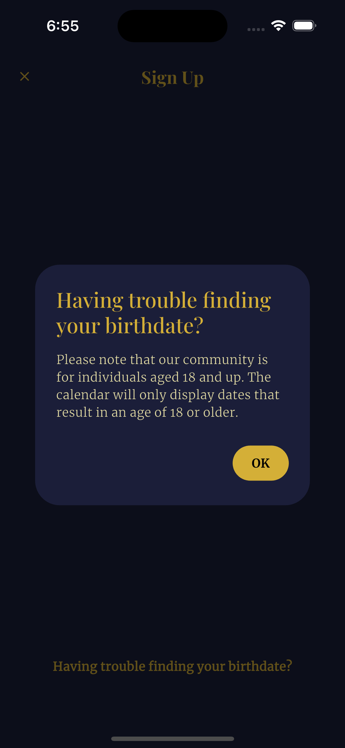 Golizia app age gate - explanation message after tapping 'Cannot find my date of birth?'